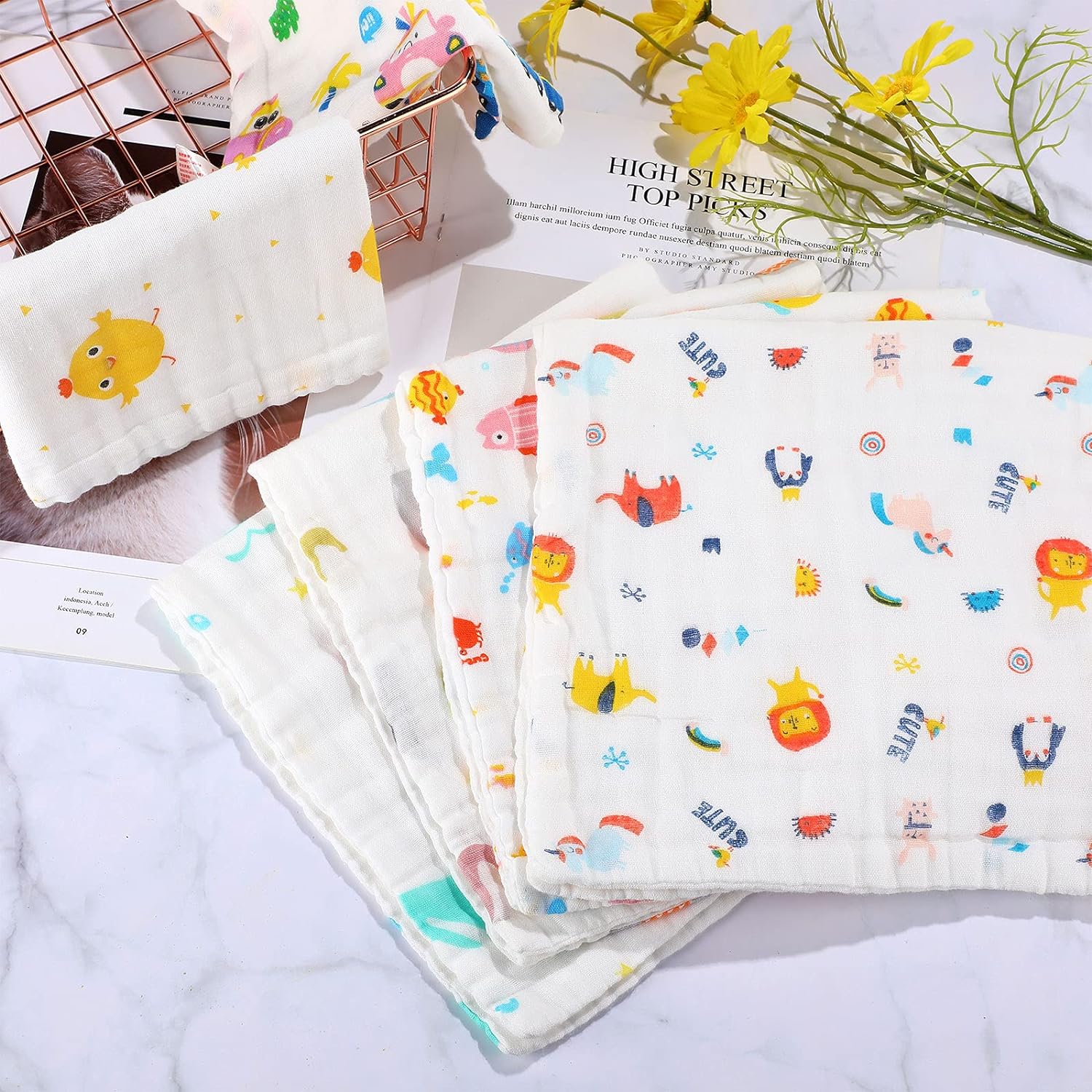 10 Pieces Baby Burp Cloth 10 x 20 inches 6 Layer Soft Absorbent Muslin Newborn Towel for Baby Shower Machine Washable, for Sensitive Skin Baby (Animal Pattern) - Image 5